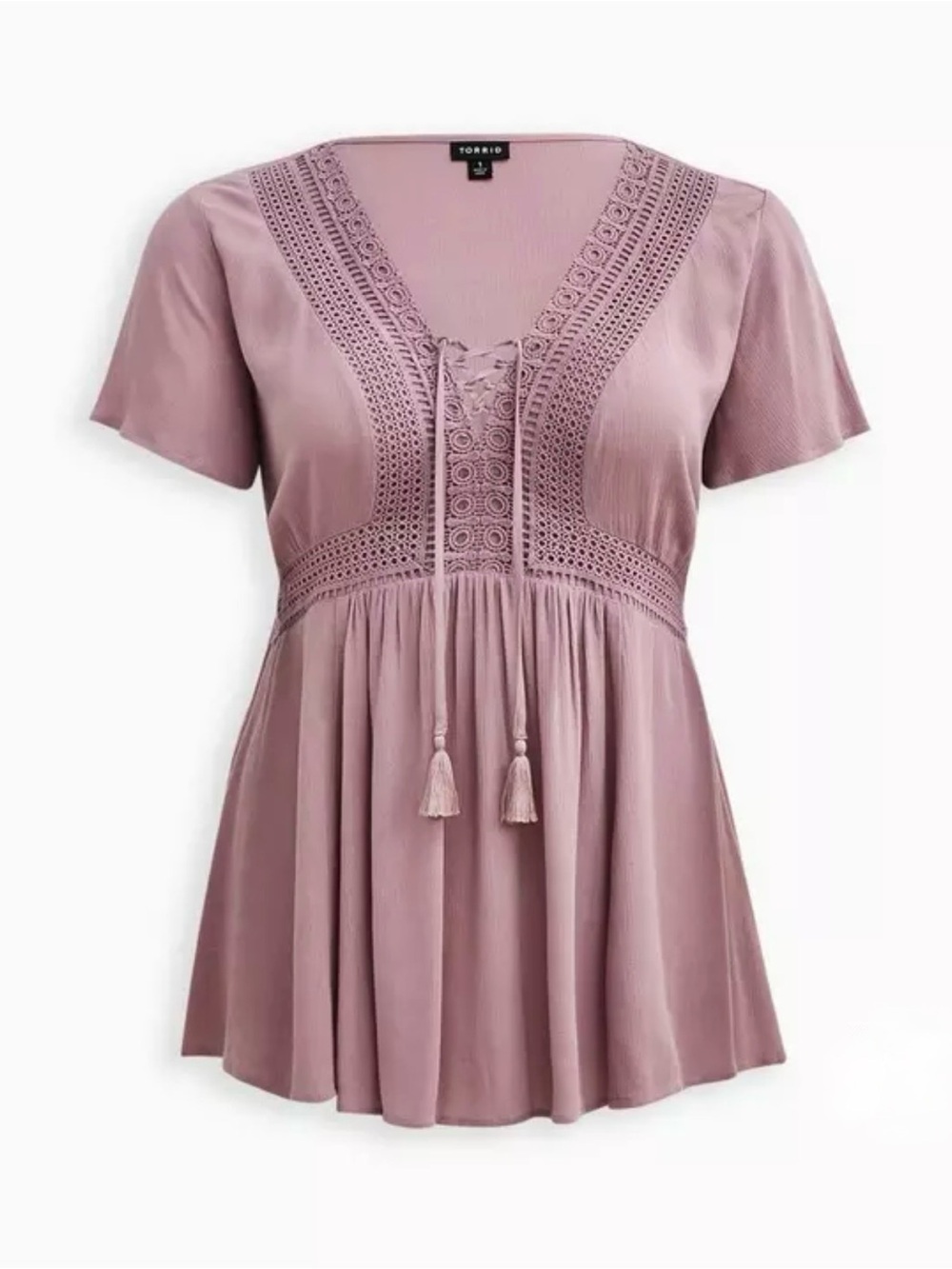 Babydoll Crinkle Gauze Crochet Inset Lace-Up Top